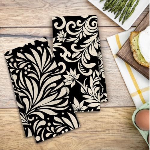 Abstract Black and White Kitchen Towels, Art Deco Nouveau Floral Dish Tea Towels - Image 5