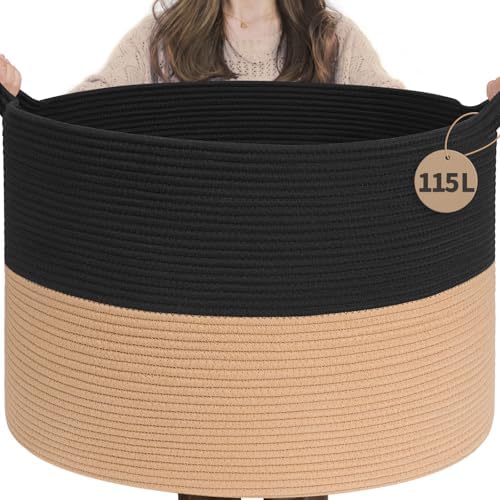 INDRESSME 115L Extra Large Woven Rope Blanket Basket Living Room BlackCamel by INDRESSME
