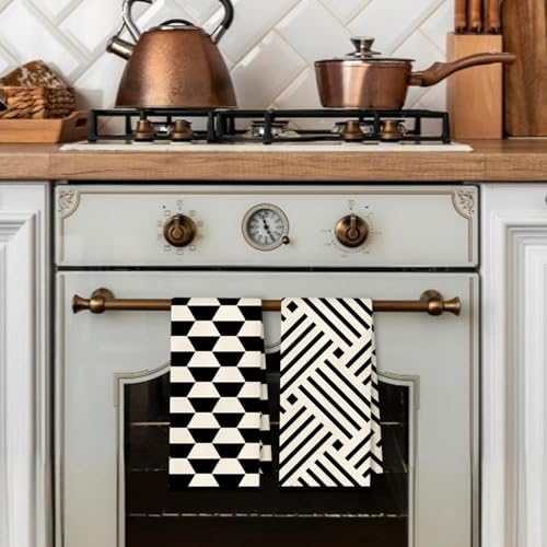 Black and White Kitchen Towels Set of 2, Boho Minimalist Abstract Dish Tea - Image 3