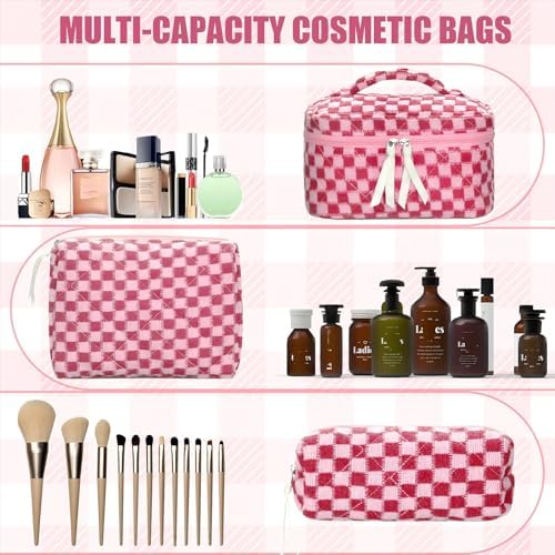 BuyCard Quilted Makeup Bag Set, CuteFloral Cotton Coquette Makeup Bag Toiletry - Image 4