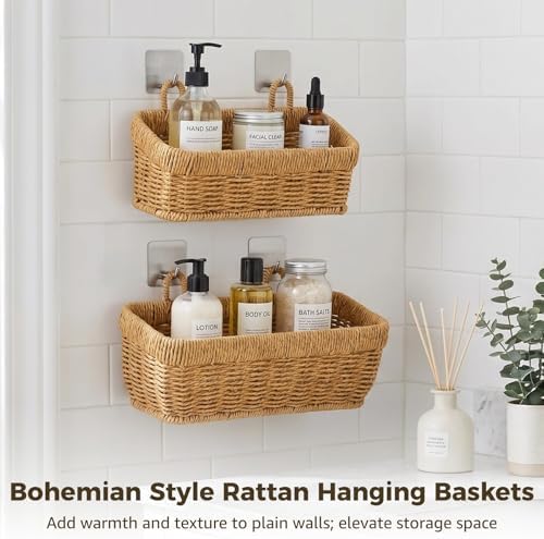 2 PCS Wall Hanging Baskets, Woven Storage Organizer Set, Rattan Style Shelf - Image 3
