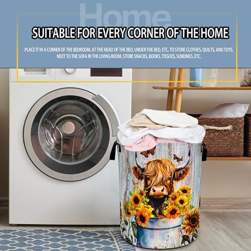 Highland Cow Sunflower Laundry Basket Foldable Waterproof 18.9 x 16.5 Inch - Image 7