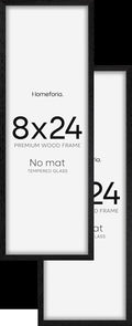 Homeforia 8x24 Black Wood Frame, High End Oak 8 x 24 Panoramic Display Frames without Mat, Wooden 24x8 Thin Hanging Picture Frame for Wall, 8by24 Black Poster Frame, Tempered Glass, Wall Kit, Set of 2