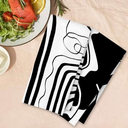 Abstract Black and White Kitchen Towels Set of 2, Modern Minimalist Wavy Line - Image 4