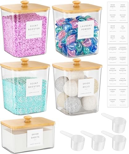 Moforoco 4+1 Pack Bamboo Laundry Pods Container, Acrylic Clear Laundry Room by MOFOROCO