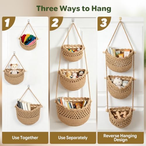 3 Tier Hanging Fruit Basket, Boho Cotton Rope Wall Mounted Produce Holder - Image 4