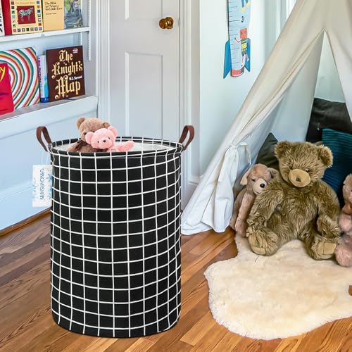 Round Laundry Basket Collapsible Storage Hamper Organizer Black Grid - Image 5