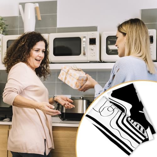 Abstract Black and White Kitchen Towels Set of 2, Modern Minimalist Wavy Line - Image 5
