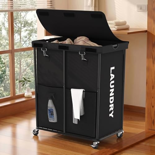 Laundry Hamper with Wheels and Lid, 225L Large Rolling Laundry Basket Black by OLLDIDE