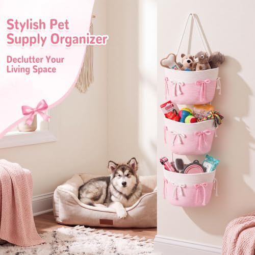 Sawysine Pink Bow Hanging Basket Woven 3 Tier Wall Mounted Storage Basket - Image 4