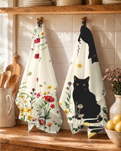 Miss Adola 150GSM Flour Sack Kitchen Towels Set of 4, Cat in Flower - Image 5