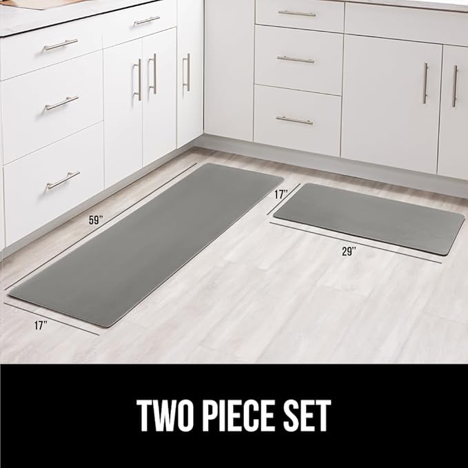 GORILLA GRIP 2 Pack Comfortable Cushioned Kitchen Mats for Floor, 17x29 + 17x59, Waterproof and Stain Resistant, 1/2 Inch Thick Soft Ergonomic Standing Desk Anti Fatigue Mat, Foam Supports Feet, Gray