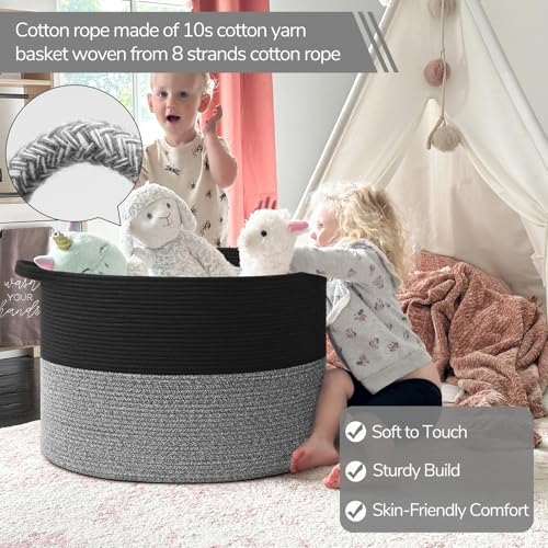 INDRESSME 115L Extra Large Woven Rope Blanket Basket Living Room Black Grey - Image 3