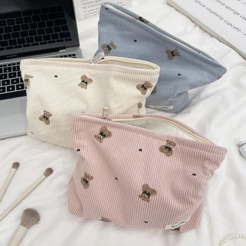 SxoSyo Corduroy Makeup Bags, Bear Cosmetic Pouch Large Purse - Image 4