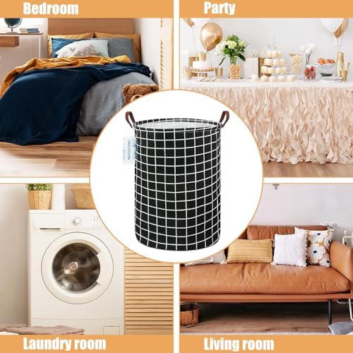 Round Laundry Basket Collapsible Storage Hamper Organizer Black Grid - Image 3