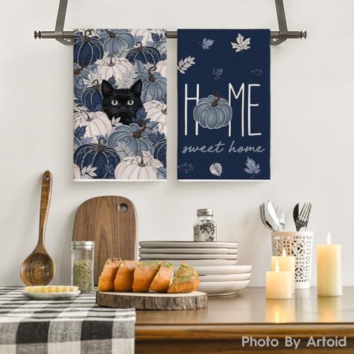 Artoid Mode Blue Pumpkin Cat Fall Kitchen Towels Set of 4 18x26 Inch - Image 2