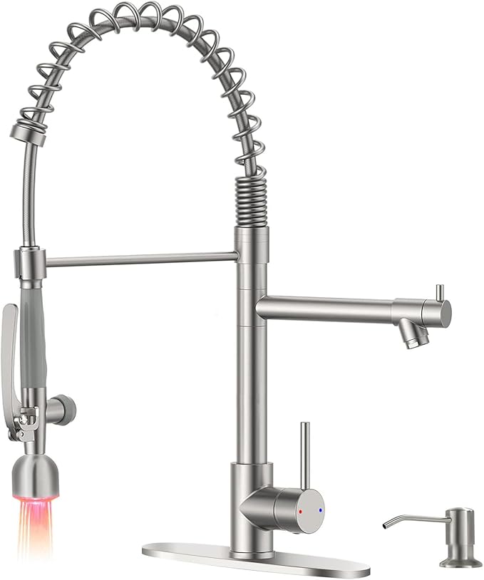 Fapully Commercial Kitchen Faucets with Pull Down Sprayer Brushed Nickel LED Single Handle Faucet for Kitchen Sink, Kitchen Faucet with Soap Dispenser and Deck Plack for 4 Hole