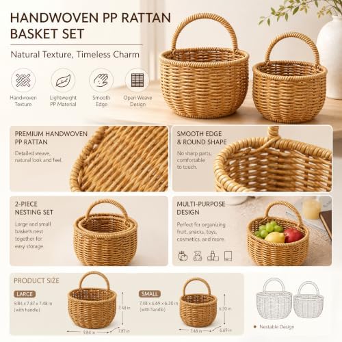 2 Pack Rattan Hanging Storage Baskets Wall Organizer - Image 3