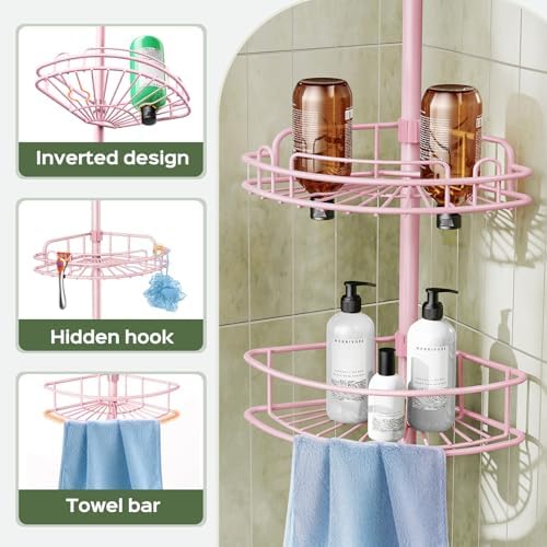 HAMITOR Corner Shower Caddy Tension Pole: 4-Tier Bathroom Organizer Pink - Image 5