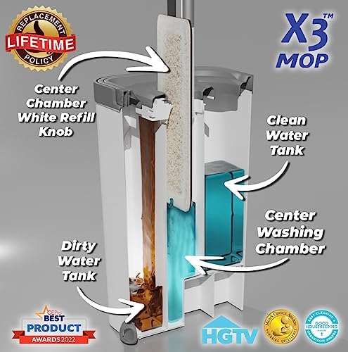 X3 Mop, Separates Dirty and Clean Water, 3-Chamber Design, Flat Mop and Bucket - Image 3