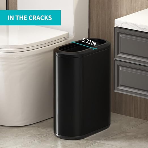 9 Liter Small Bathroom Trash Can No Lid - Open Top Stainless Steel Bathroom Trash Can 2.4 Gallon, Slim Silver Trashcans for Bedroom, Office, Desk, Kitchen with Removable Bin (9L Black)