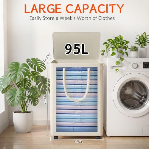 Slim Laundry Hamper with Wheels, 25 Gal Rolling Laundry Basket with lid and - Image 2