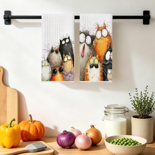 2 Pcs Cute Cat Kitchen Towels, Funny Cats Gifts Absorbent Hand Towels-07 - Image 4