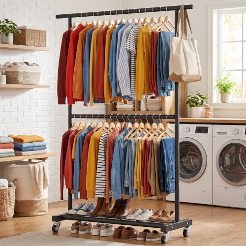 Sywhitta Double Rod Metal Clothing Rack on Wheels - Image 4