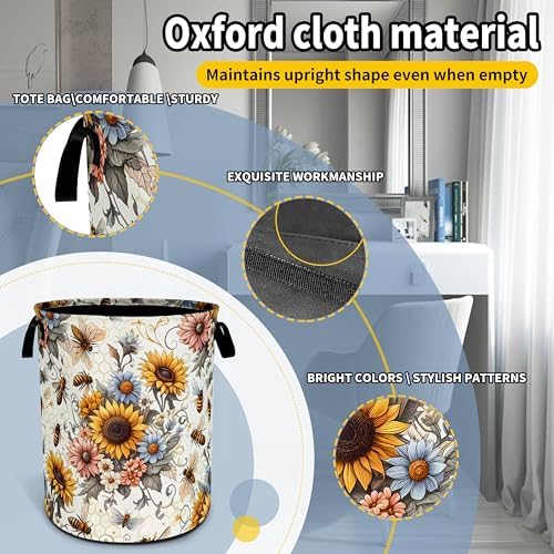 Bee Sunflower Laundry Basket Flower Foldable Waterproof Oxford Cloth - Image 3