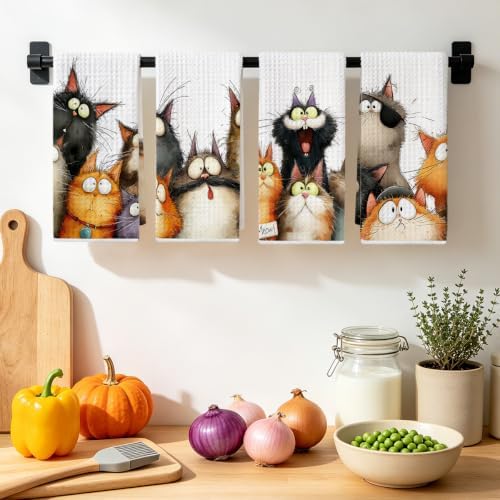 4 Pcs Cute Cat Kitchen Towels, Funny Cats Gifts Absorbent Hand Towels-07 - Image 4