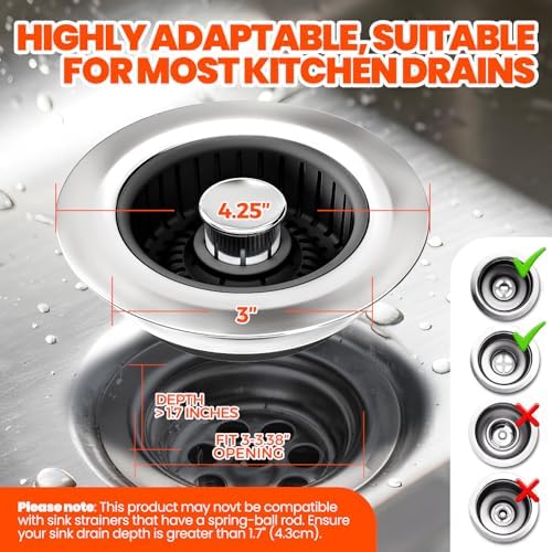 3 in 1 Kitchen Sink Drain Strainer and Stopper Black 1 Pack - Image 6