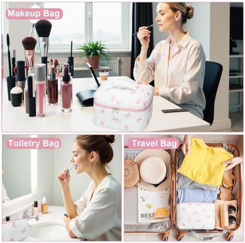 BuyCard Quilted Makeup Bag Set, CuteFloral Cotton Coquette Makeup Bag Toiletry - Image 5