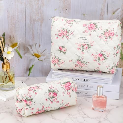 2Pcs Quilted Cotton Makeup Bag Large Travel Makeup Pouch Small Brush Holder Set - Image 3