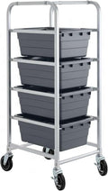 19"x26"x53" Mobile Aluminum Lug Rack with 4 Grey Tote Boxes – NSF Heavy-Duty Commercial Storage Cart with 5" Swivel Casters, Portable Food Prep & Dishroom Utility Rack – Freezer Safe, 4 Lug Capacity