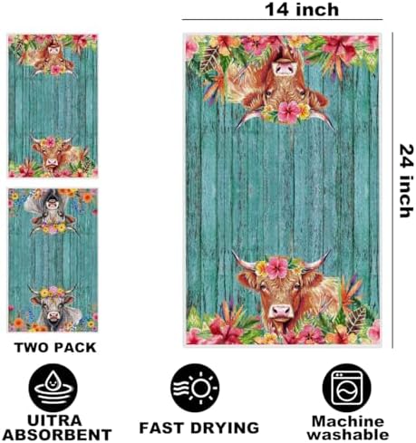 Jztco 2 Pcs Cow Kitchen Towels, Rustic Flower Soft Absorbent Hand Towels - Image 2