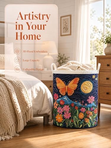 Quilted Laundry Basket with Handles, Boho Floral Quilted Storage Hamper - Image 6