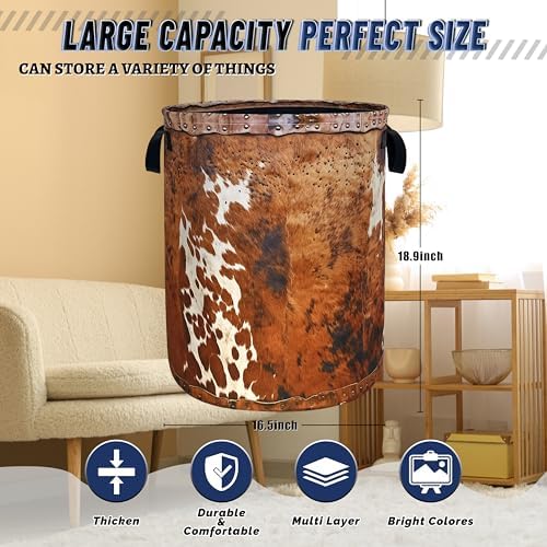 Brown Cow Skin Laundry Basket Foldable Hamper 18.9"x16.5" - Image 3
