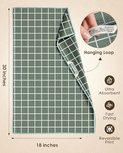 Miss Adola Reversible Microfiber Kitchen Towels Set of 2, Grid & Greenery - Image 4