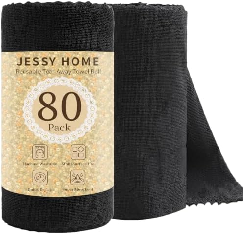 80 Pack Microfiber Cleaning Cloth Roll Reusable Paper Towels 12"x12" Black Tear by JessyHome