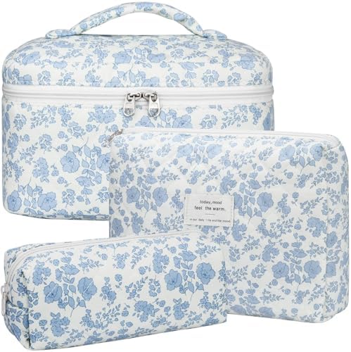 BuyCard Quilted Makeup Bag Set, CuteFloral Cotton Coquette Makeup Bag Toiletry by BuyCard