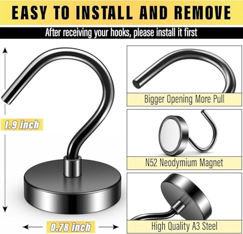 15 Pack Magnetic Hooks Large Opening, 40LBS Neodymium Magnet Hooks - Image 3