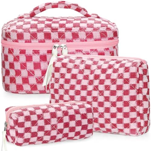 BuyCard Quilted Makeup Bag Set, CuteFloral Cotton Coquette Makeup Bag Toiletry by BuyCard