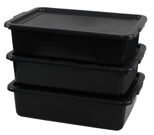 13 L Commercial Bus Tubs with Lid, Plastic Bus Box, 3 Packs, Black