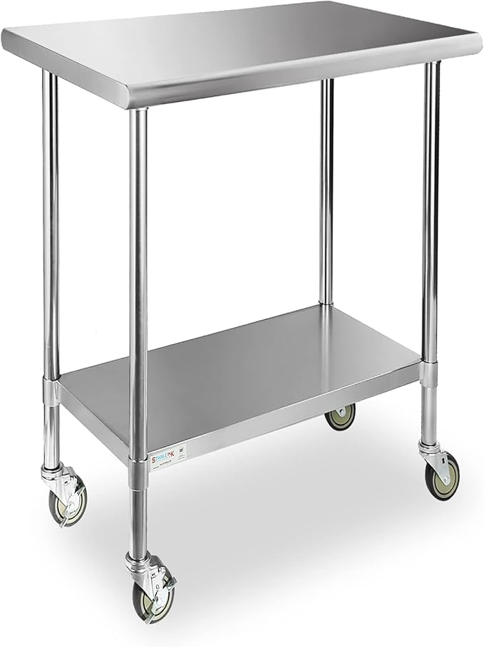 STABLEINK Stainless Steel Table with Wheels 24 x 30 Inches, NSF Commercial Prep & Workbench with Adjustable Undershelf and Casters, for Commercial Kitchen, Restaurant, Hotel,Laundry and Garage