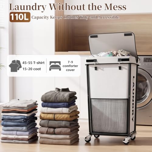 Laundry Hamper with Wheels and Lid, 110L Large Rolling Laundry Basket White - Image 2