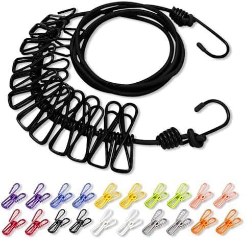 Portable Clothesline with 12 Clothespins, Plus 20 Colorful Clips, Adjustable by Unknown