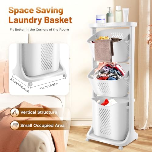 3 Tier Rolling Laundry Hamper Storage Sorter, Vertical Rolling Laundry Baskets - Image 2