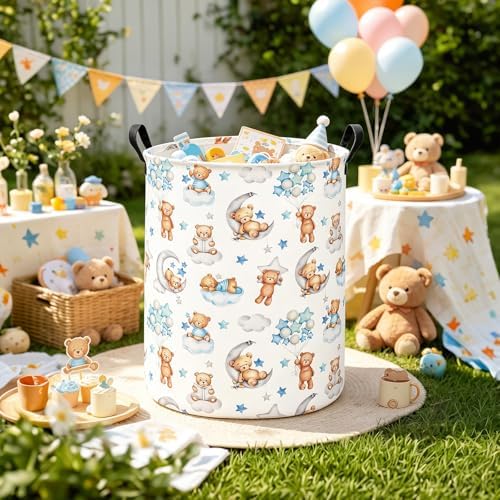 Round Bear Pattern Laundry Hamper, Cotton Canvas Storage Bin - Image 4