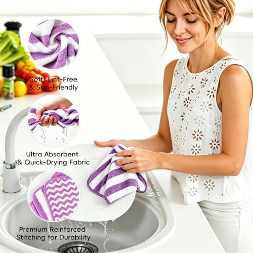 Microfiber Cleaning Cloths, 6 Pack Purple Kitchen Towels - Image 4