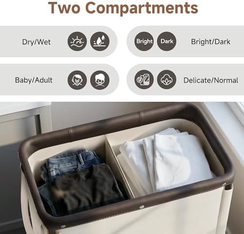 StorageWorks 2 Section Laundry Hamper, 100L Beige Sorter Cart - Image 4